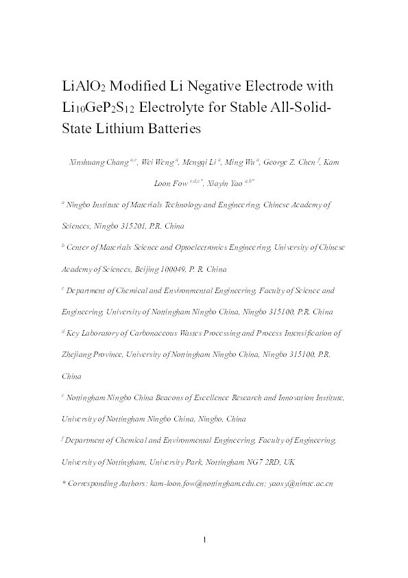LiAlO2-Modified Li Negative Electrode with Li10GeP2S12 Electrolytes for Stable All-Solid-State Lithium Batteries Thumbnail