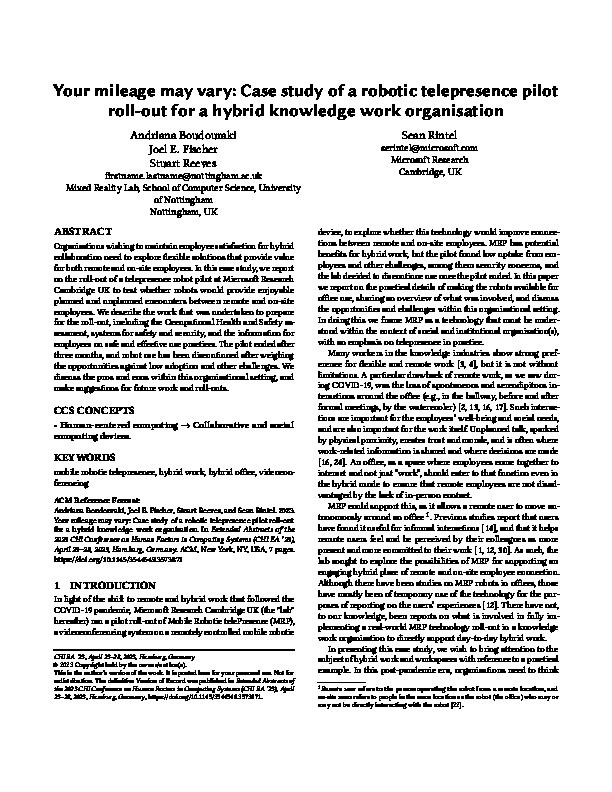 Your mileage may vary: Case study of a robotic telepresence pilot roll-out for a hybrid knowledge work organisation Thumbnail