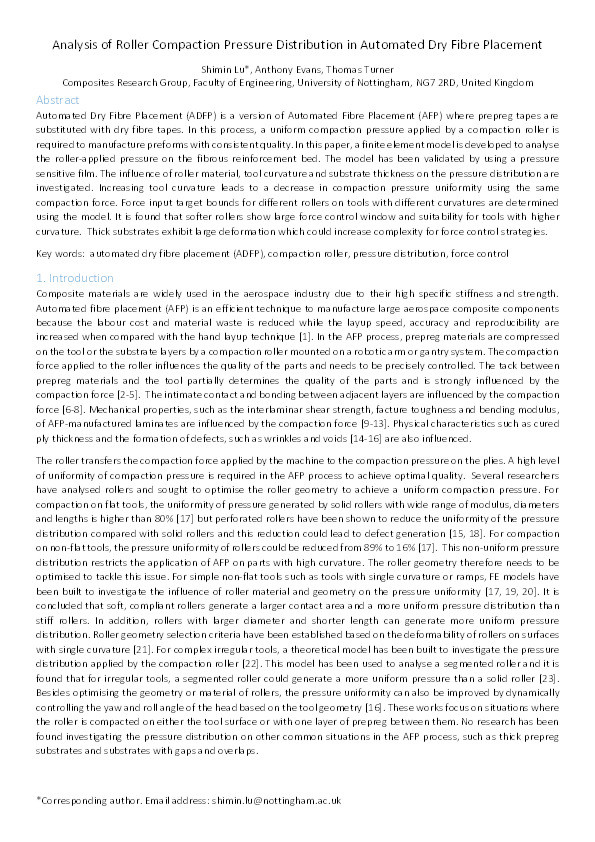 Analysis of roller compaction pressure distribution in automated dry fibre placement Thumbnail