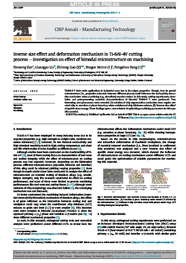 Inverse size effect and deformation mechanism in Ti-6Al-4V cutting process – investigation on effect of bimodal microstructure on machining Thumbnail
