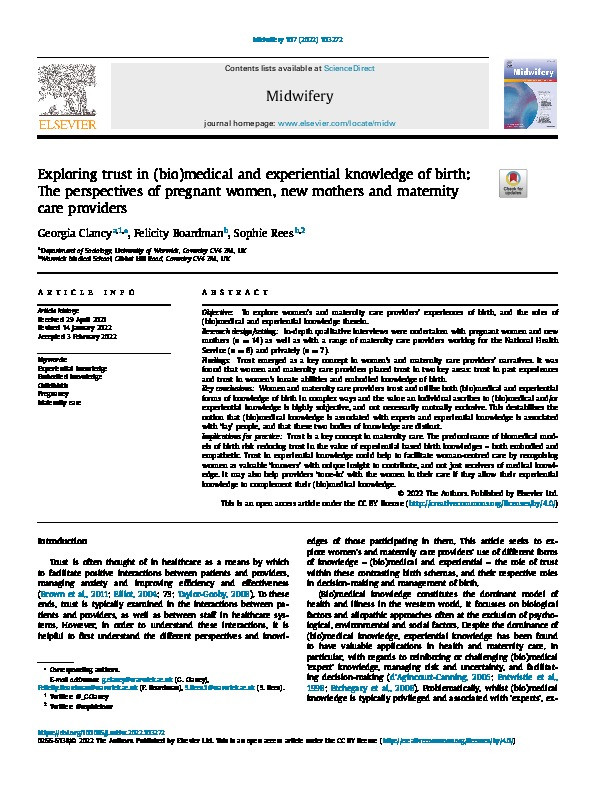 Exploring trust in (bio)medical and experiential knowledge of birth: The perspectives of pregnant women, new mothers and maternity care providers Thumbnail