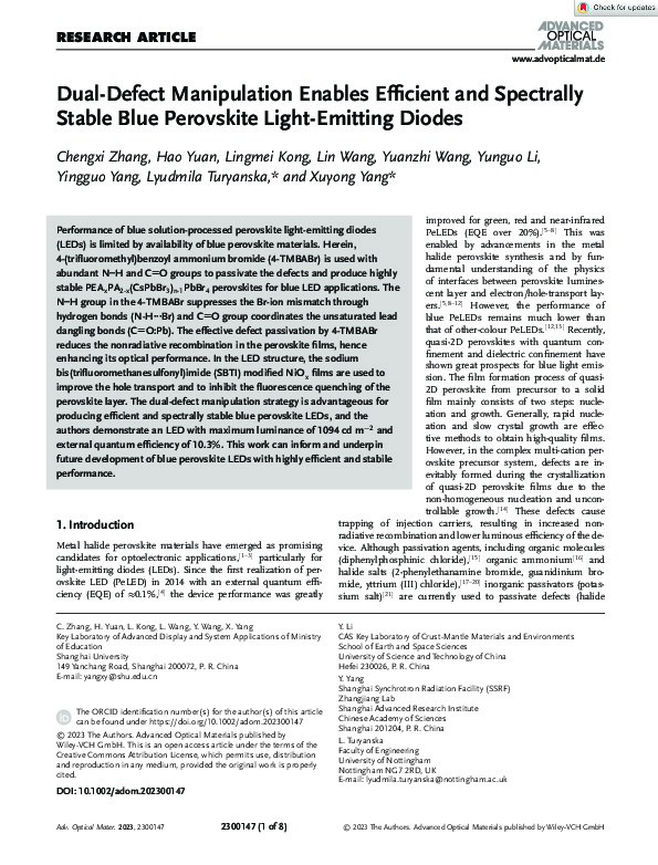 Dual‐Defect Manipulation Enables Efficient and Spectrally Stable Blue Perovskite Light‐Emitting Diodes Thumbnail