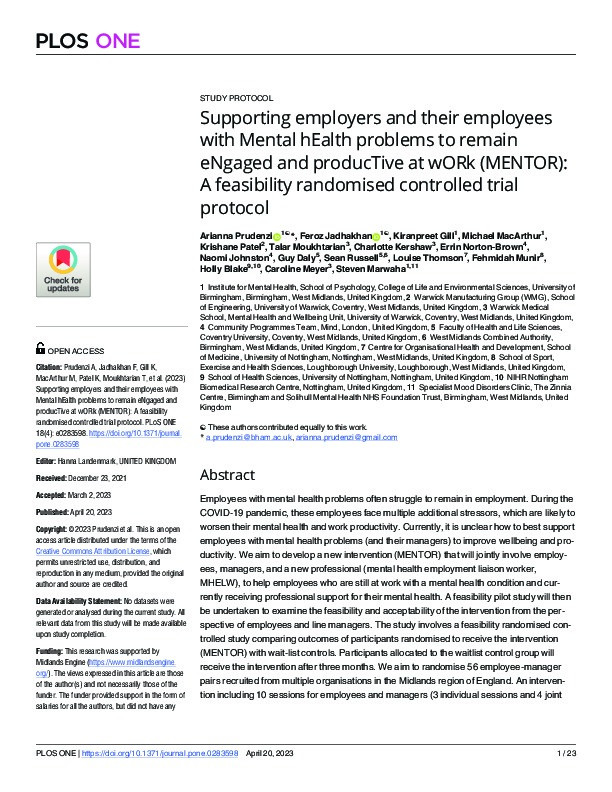 Supporting employers and their employees with Mental hEalth problems to remain eNgaged and producTive at wORk (MENTOR): A feasibility randomised controlled trial protocol Thumbnail