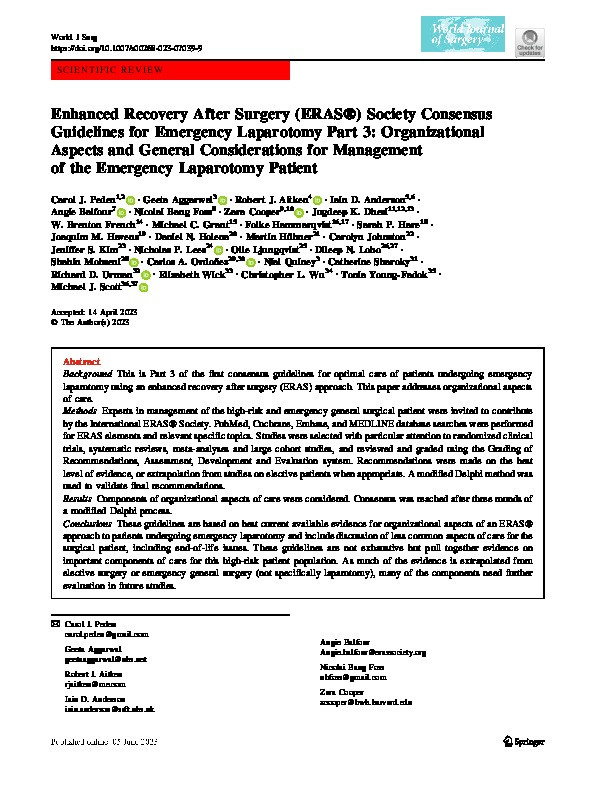 Enhanced Recovery After Surgery (ERAS®) Society Consensus Guidelines for Emergency Laparotomy Part 3: Organizational Aspects and General Considerations for Management of the Emergency Laparotomy Patient Thumbnail