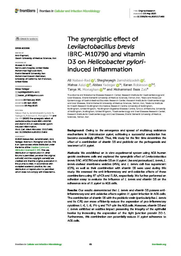 The synergistic effect of Levilactobacillus breves IBRC-M10790 and vitamin D3 on Helicobacter pylori-induced inflammation Thumbnail