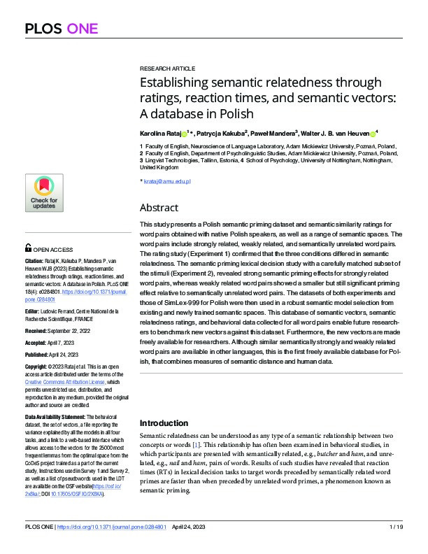 Establishing semantic relatedness through ratings, reaction times, and semantic vectors: A database in Polish Thumbnail