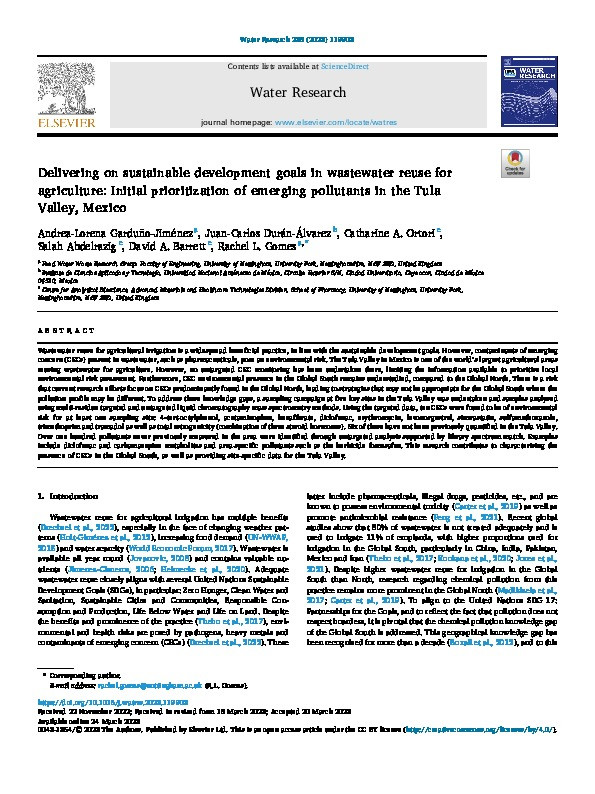 Delivering on sustainable development goals in wastewater reuse for agriculture: Initial prioritization of emerging pollutants in the Tula Valley, Mexico Thumbnail