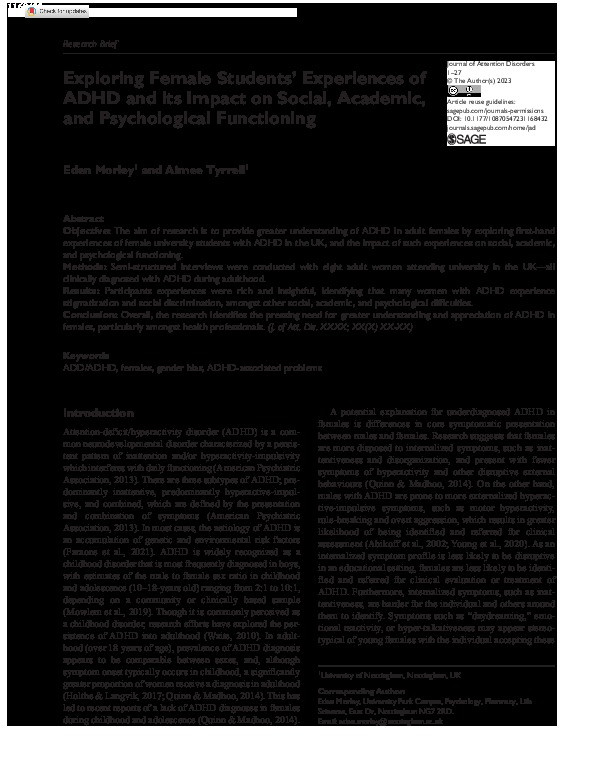 Exploring Female Students’ Experiences of ADHD and its Impact on Social, Academic, and Psychological Functioning Thumbnail