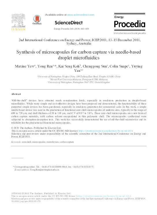 Synthesis of microcapsules for carbon capture via needle-based droplet microfluidics Thumbnail