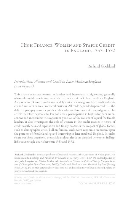 High finance: women and staple credit in England, 1353-1532 Thumbnail