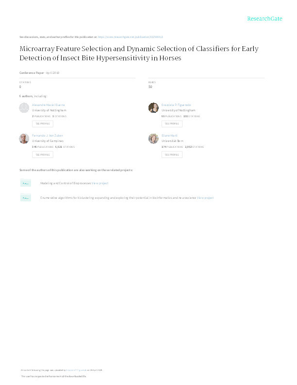 Microarray Feature Selection and Dynamic Selection of Classifiers for Early Detection of Insect Bite Hypersensitivity in Horses Thumbnail