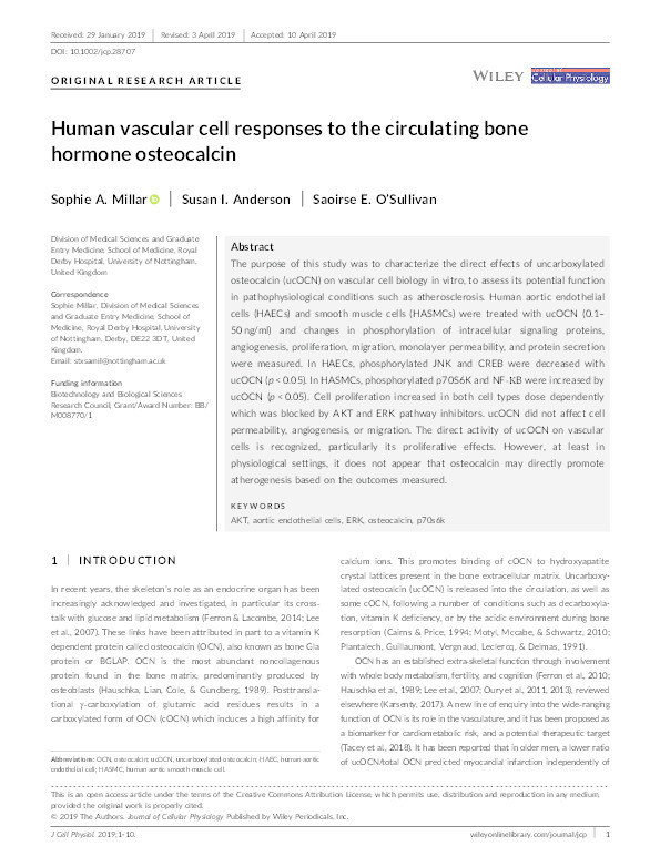 Human vascular cell responses to the circulating bone hormone osteocalcin Thumbnail