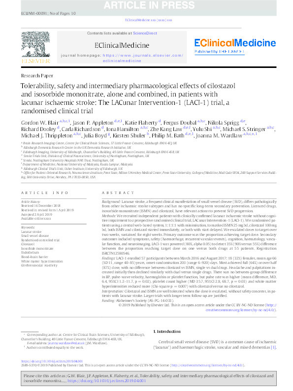 Tolerability, safety and intermediary pharmacological effects of cilostazol and isosorbide mononitrate, alone and combined, in patients with lacunar ischaemic stroke: the LACunar Intervention-1 (LACI-1) trial, a randomised clinical trial Thumbnail