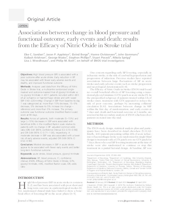 Associations between change in blood pressure and functional outcome, early events and death: results from the Efficacy of Nitric Oxide in Stroke trial Thumbnail