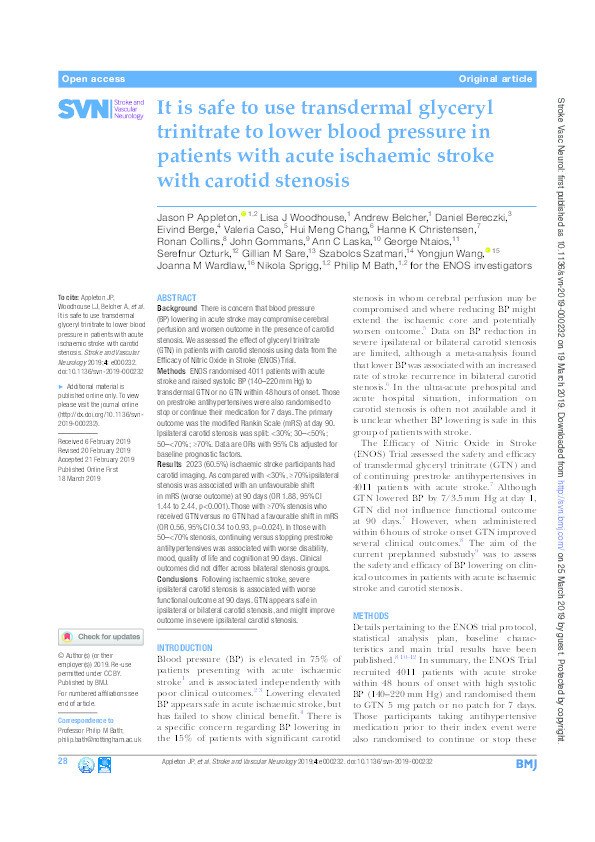 It is safe to use transdermal glyceryl trinitrate to lower blood pressure in patients with acute ischaemic stroke with carotid stenosis Thumbnail