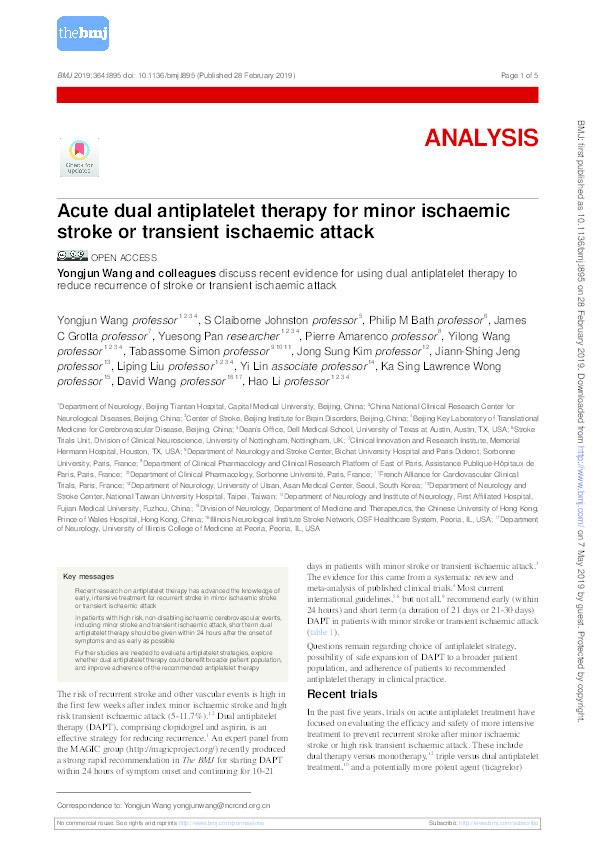 Acute dual antiplatelet therapy for minor ischaemic stroke or transient ischaemic attack Thumbnail