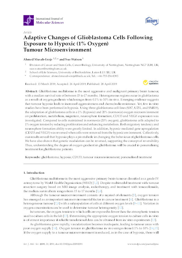 Adaptive Changes of Glioblastoma Cells Following Exposure to Hypoxic (1% Oxygen) Tumour Microenvironment Thumbnail