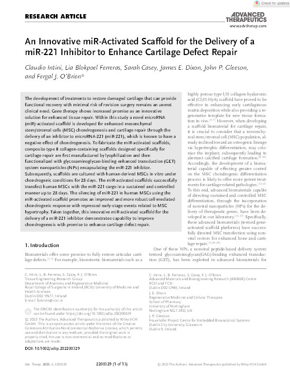 An Innovative miR‐activated Scaffold for the Delivery of a miR‐221 Inhibitor to Enhance Cartilage Defect Repair Thumbnail