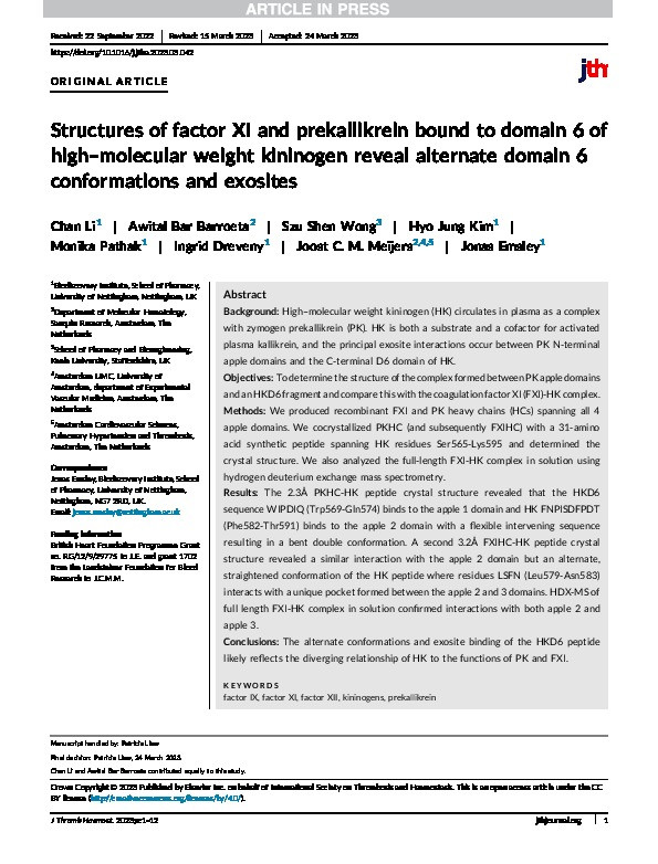 Structures of factor XI and prekallikrein bound to domain 6 of high–molecular weight kininogen reveal alternate domain 6 conformations and exosites Thumbnail