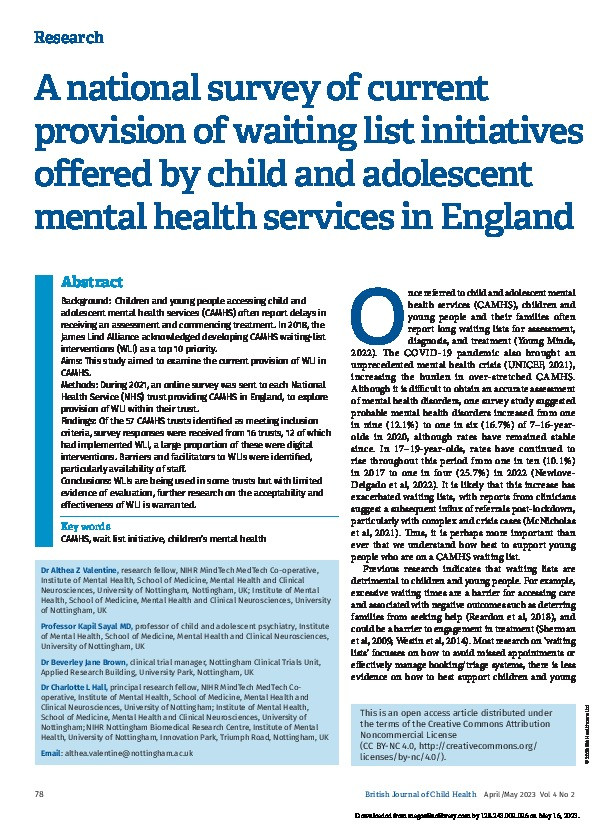 A national survey of current provision of waiting list initiatives offered by child and adolescent mental health services in England Thumbnail