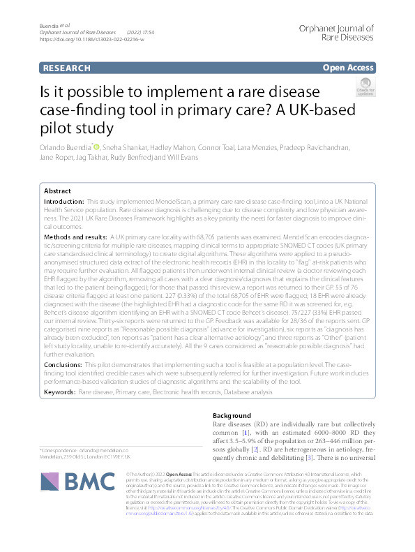 Is it possible to implement a rare disease case-finding tool in primary care? A UK-based pilot study Thumbnail