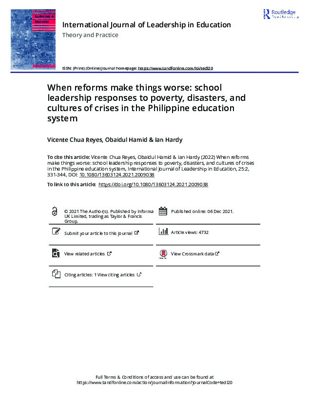 When reforms make things worse: school leadership responses to poverty, disasters, and cultures of crises in the Philippine education system Thumbnail
