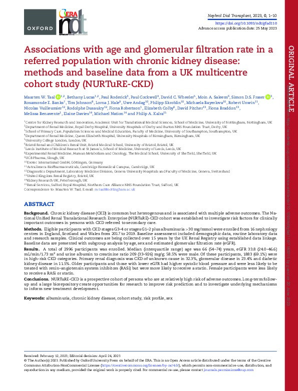 Associations with age and glomerular filtration rate in a referred population with chronic kidney disease: Methods and baseline data from a UK multicentre cohort study (NURTuRE-CKD) Thumbnail