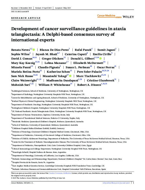Development of cancer surveillance guidelines in ataxia telangiectasia: A Delphi‐based consensus survey of international experts Thumbnail