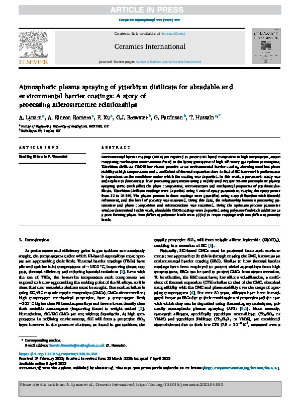 Atmospheric plasma spraying of ytterbium disilicate for abradable and environmental barrier coatings: A story of processing-microstructure relationships Thumbnail