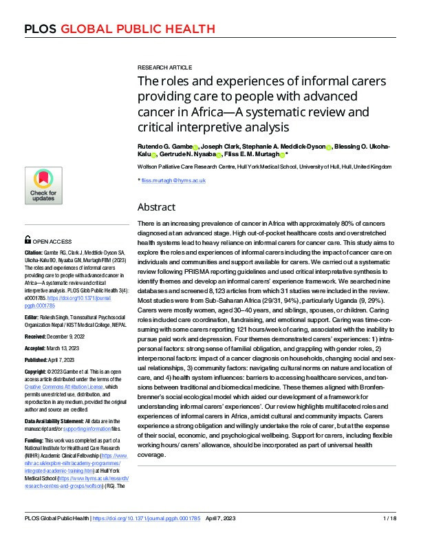 The roles and experiences of informal carers providing care to people with advanced cancer in Africa—A systematic review and critical interpretive analysis Thumbnail