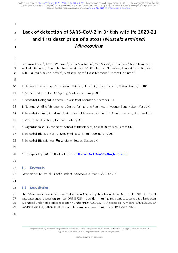 Lack of detection of SARS-CoV-2 in British wildlife 2020-21 and first description of a stoat (Mustela erminea) Minacovirus Thumbnail