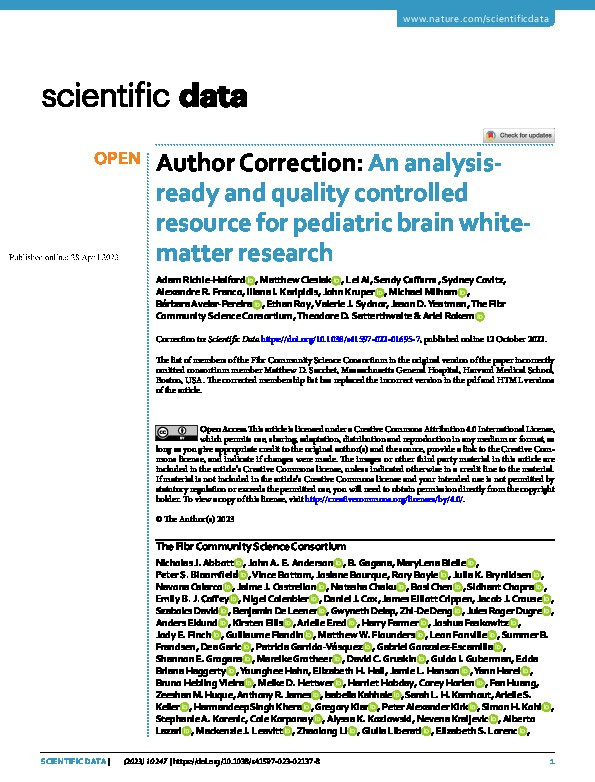 Author Correction: An analysis-ready and quality controlled resource for pediatric brain white-matter research Thumbnail