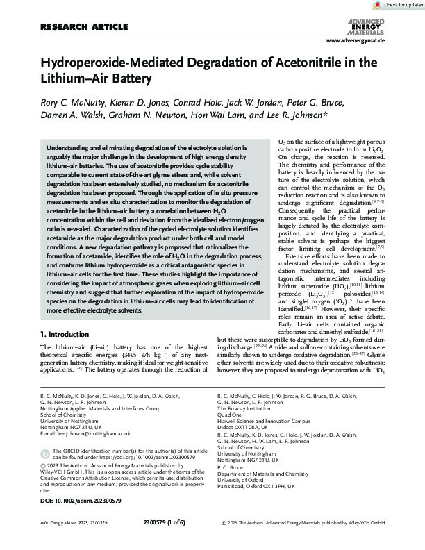 Hydroperoxide-Mediated Degradation of Acetonitrile in the Lithium–Air Battery Thumbnail