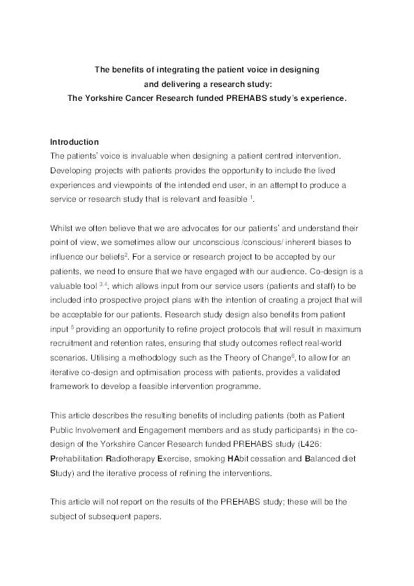 Integrating the patients' voice in designing and delivering a research study: The Yorkshire Cancer Research funded PREHABS study's experience Thumbnail