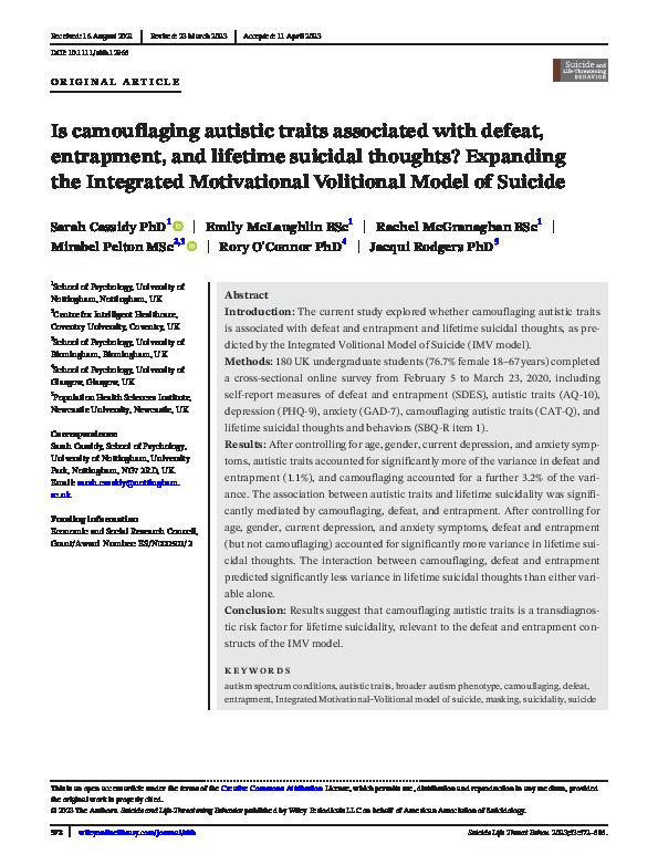 Is camouflaging autistic traits associated with defeat, entrapment, and lifetime suicidal thoughts? Expanding the Integrated Motivational Volitional Model of Suicide Thumbnail
