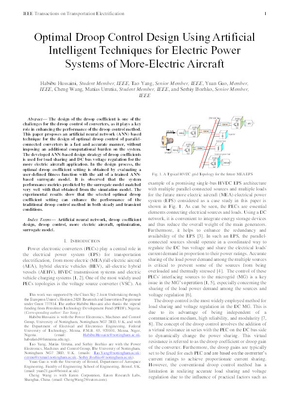 Optimal Droop Control Design Using Artificial Intelligent Techniques for Electric Power Systems of More-Electric Aircraft Thumbnail