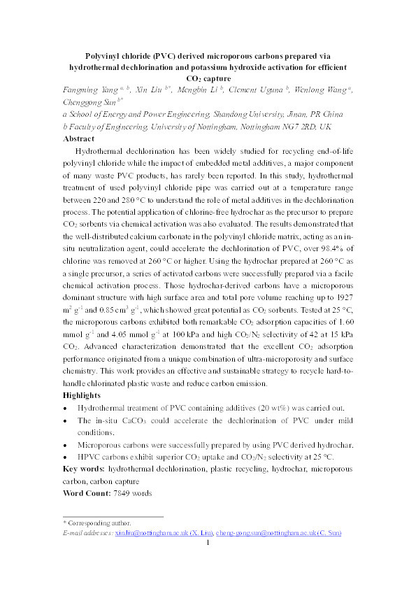 Polyvinyl chloride (PVC) derived microporous carbons prepared via hydrothermal dechlorination and potassium hydroxide activation for efficient CO2 capture Thumbnail