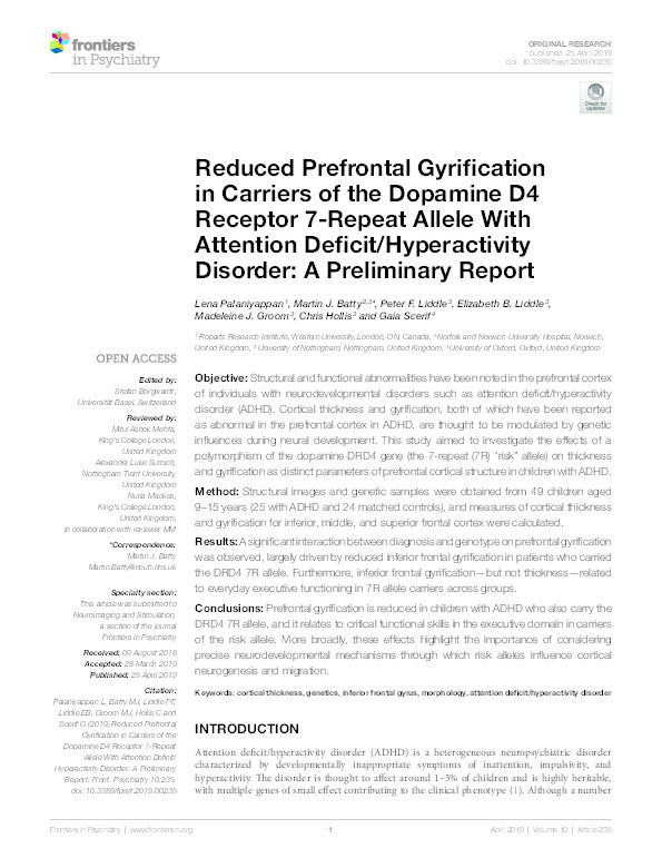 Reduced Prefrontal Gyrification in Carriers of the Dopamine D4 Receptor 7-Repeat Allele With Attention Deficit/Hyperactivity Disorder: A Preliminary Report Thumbnail
