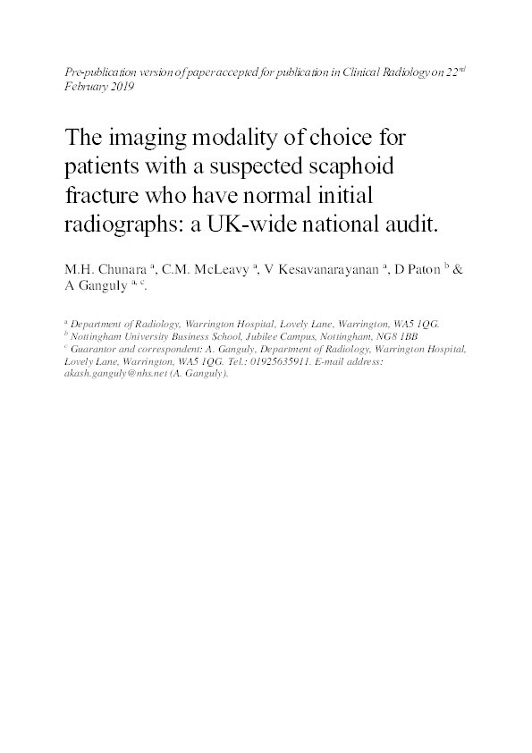 Current imaging practice for suspected scaphoid fracture in patients with normal initial radiographs: UK-wide national audit Thumbnail