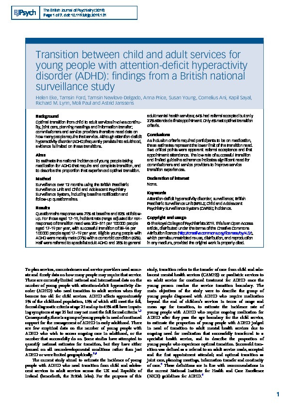 Transition between child and adult services for young people with attention-deficit hyperactivity disorder (ADHD): findings from a British national surveillance study Thumbnail