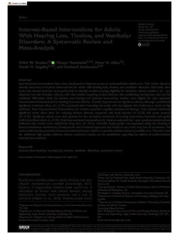Internet-Based Interventions for Adults With Hearing Loss, Tinnitus, and Vestibular Disorders: A Systematic Review and Meta-Analysis Thumbnail