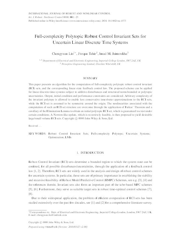 Full‐complexity polytopic robust control invariant sets for uncertain linear discrete‐time systems Thumbnail