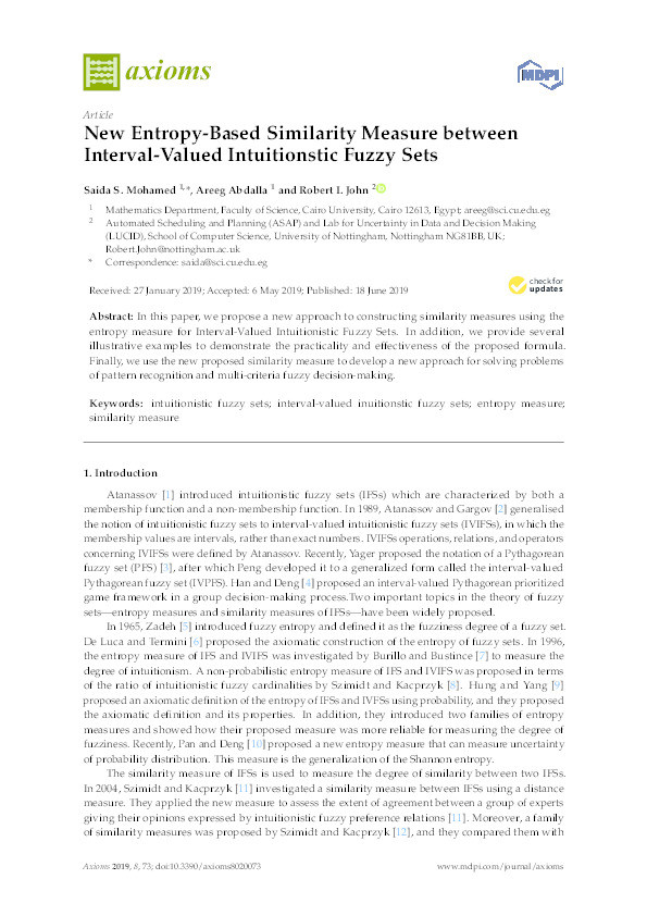 New Entropy-Based Similarity Measure between Interval-Valued Intuitionstic Fuzzy Sets Thumbnail