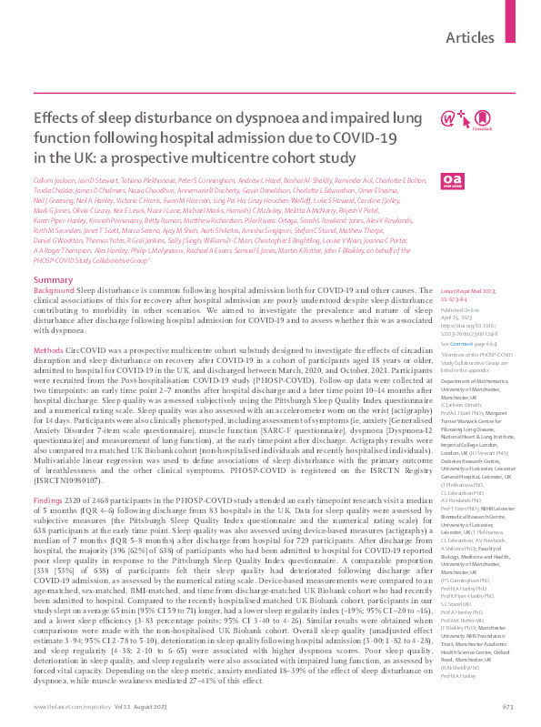 Effects of sleep disturbance on dyspnoea and impaired lung function following hospital admission due to COVID-19 in the UK: a prospective multicentre cohort study Thumbnail