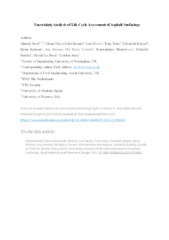 Uncertainty analysis of life cycle assessment of asphalt surfacings Thumbnail