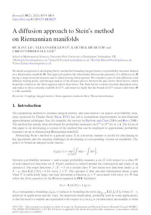 A diffusion approach to Stein's method on Riemannian manifolds Thumbnail