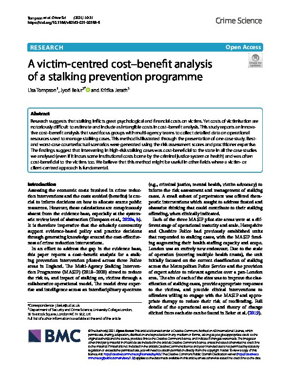 A victim-centred cost–benefit analysis of a stalking prevention programme Thumbnail