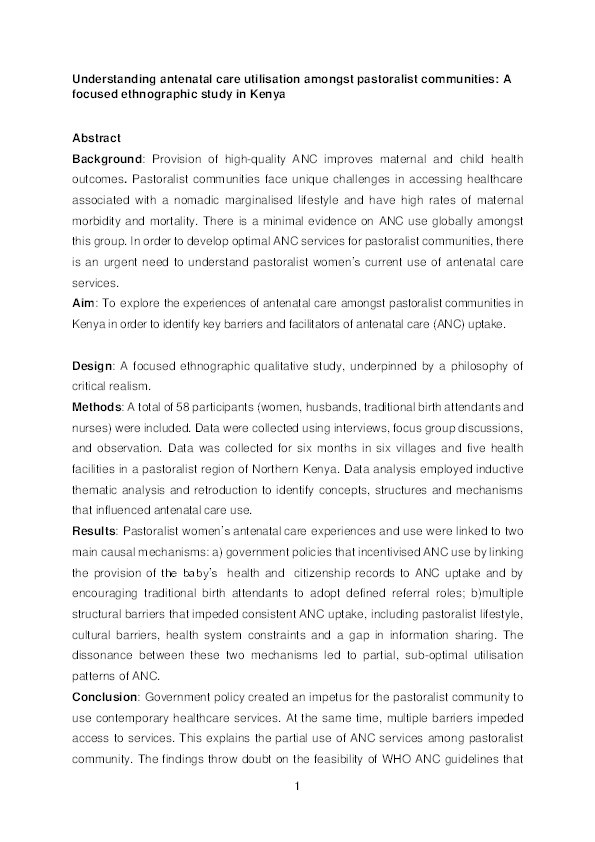 Understanding antenatal care use in pastoralist communities: a focused ethnographic study in Kenya Thumbnail