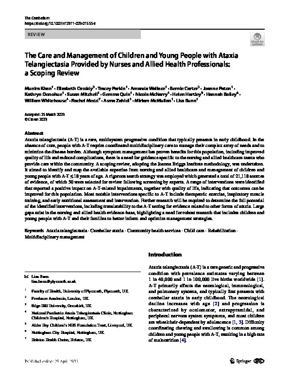 The Care and Management of Children and Young People with Ataxia Telangiectasia Provided by Nurses and Allied Health Professionals: a Scoping Review Thumbnail