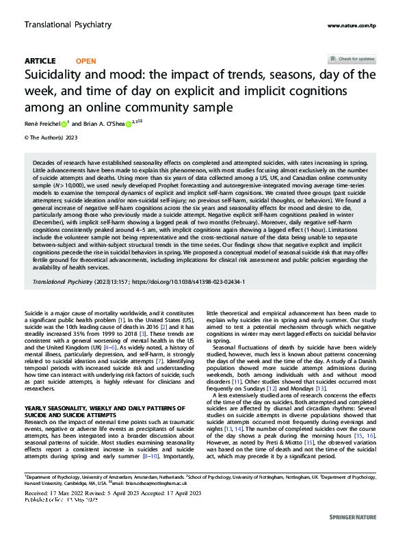 Suicidality and mood: the impact of trends, seasons, day of the week, and time of day on explicit and implicit cognitions among an online community sample Thumbnail